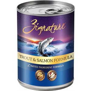 Zignature Formule Limité d'Ingrédients Truite & Farine de Saumon Sans Céréales pour Chiens 12 / 13 oz